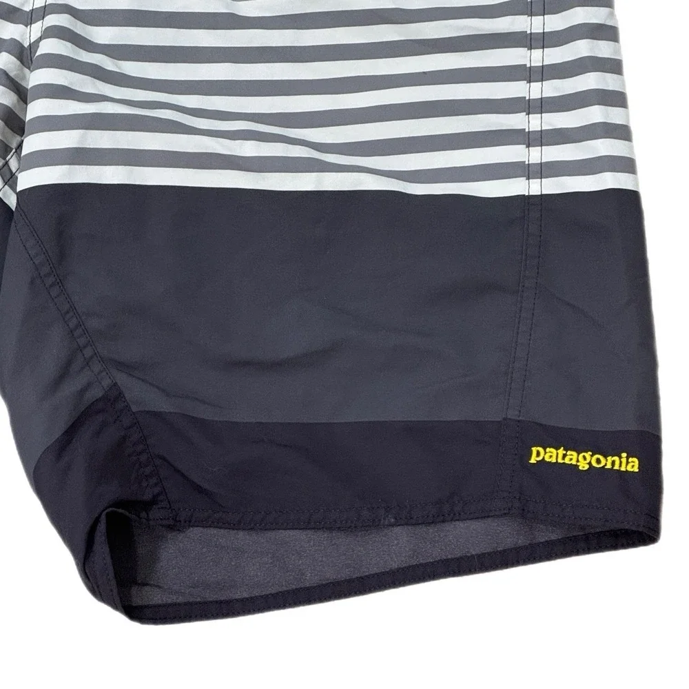Patagonia Mens Board Shorts Size 34 Grey Black Striped Swim Trunks Beachwear
